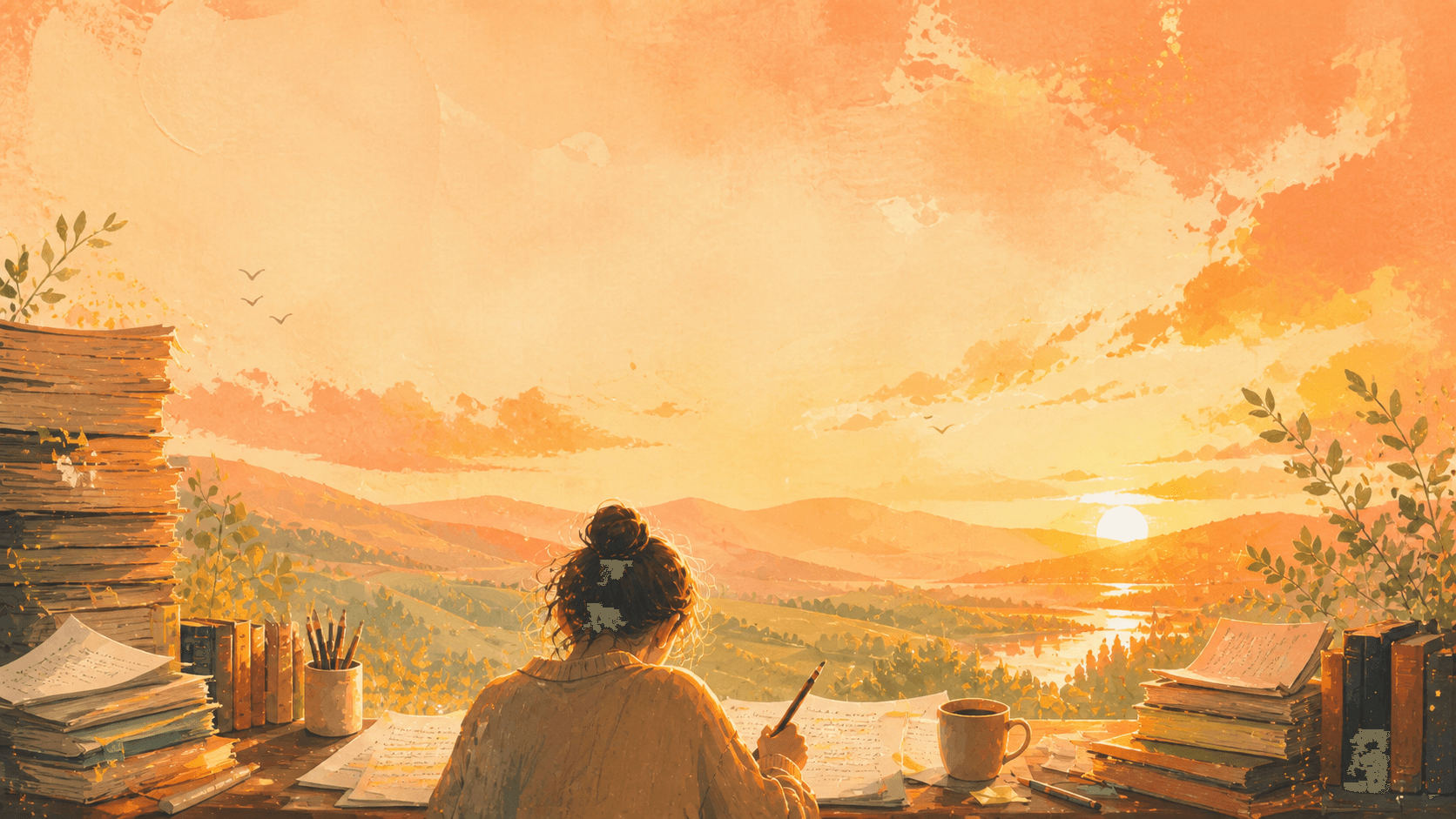 A student writing at a desk overlooking a warm sunset landscape
